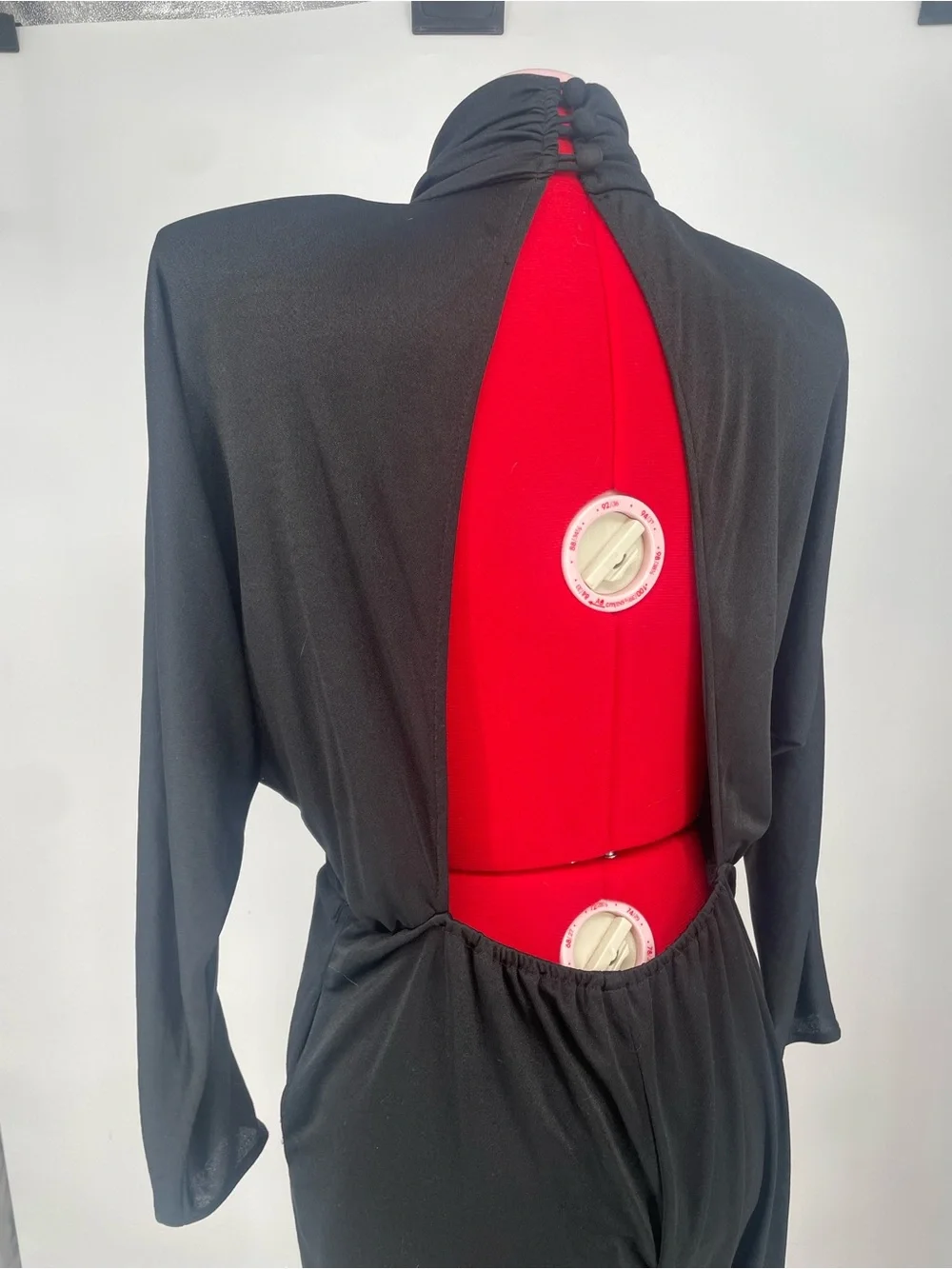 80s Dramatic Shoulder Pad Open Back Long Sleeve Jumpsuit Rhinestone Detail